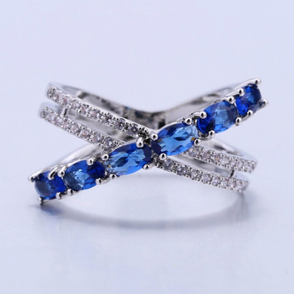 Oval Royal Blue Anillos Unique Three Lines Silver Ring for Women, VIP272 - Picture 2 of 7